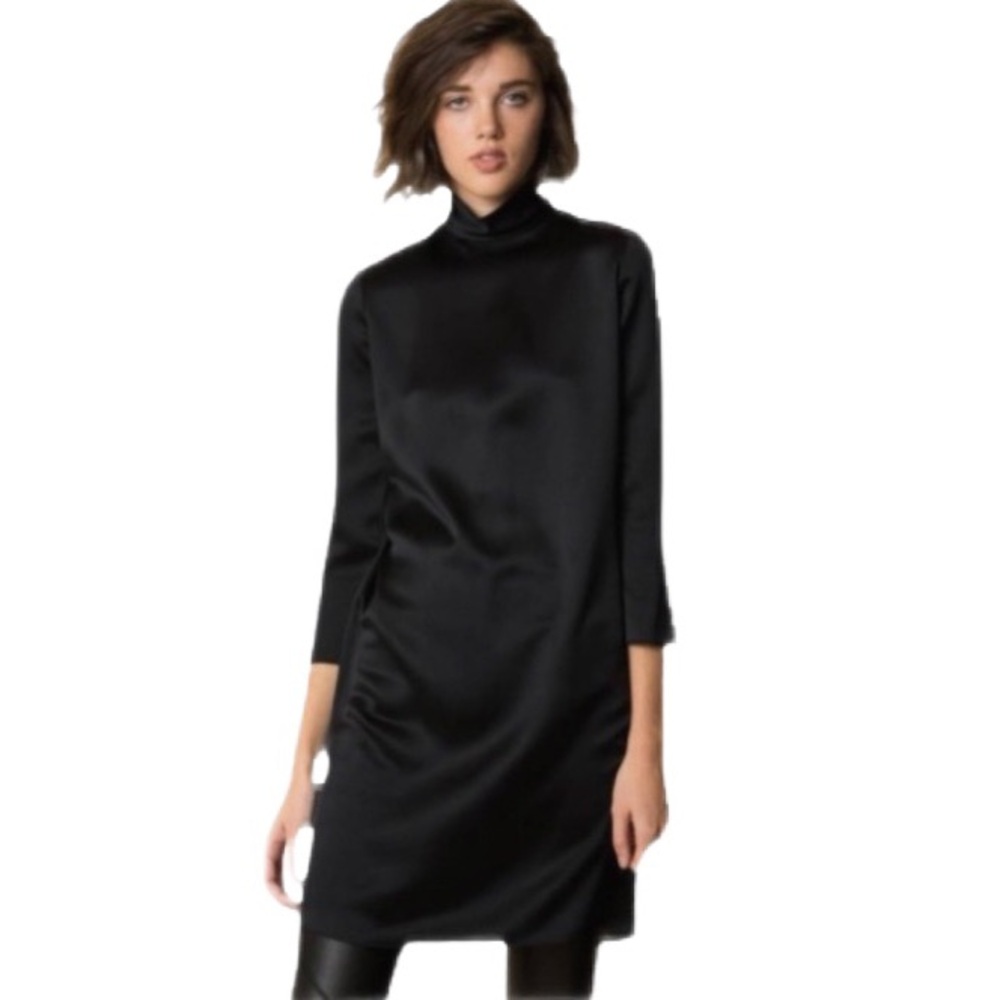 NWT Vince Silk Black 3/4 Sleeve Mock Neck Dress Size M